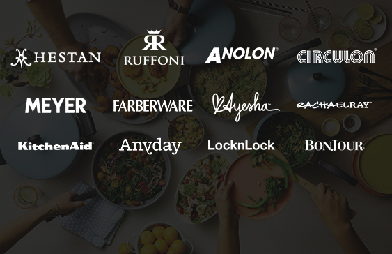 Logos of the Meyer brands: Hestan, Ruffoni, Anolon, Circulon, Meyer, Farberware, Ayesha, Rachael Ray, KitchenAid, Anyday, LocknLock and BonJour